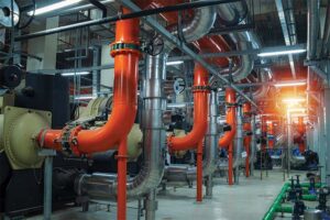 Industrial interior chiller and boiler HVAC heating ventilation air conditioning system and pipping line of industrial construction at boiler pump room system in the factory